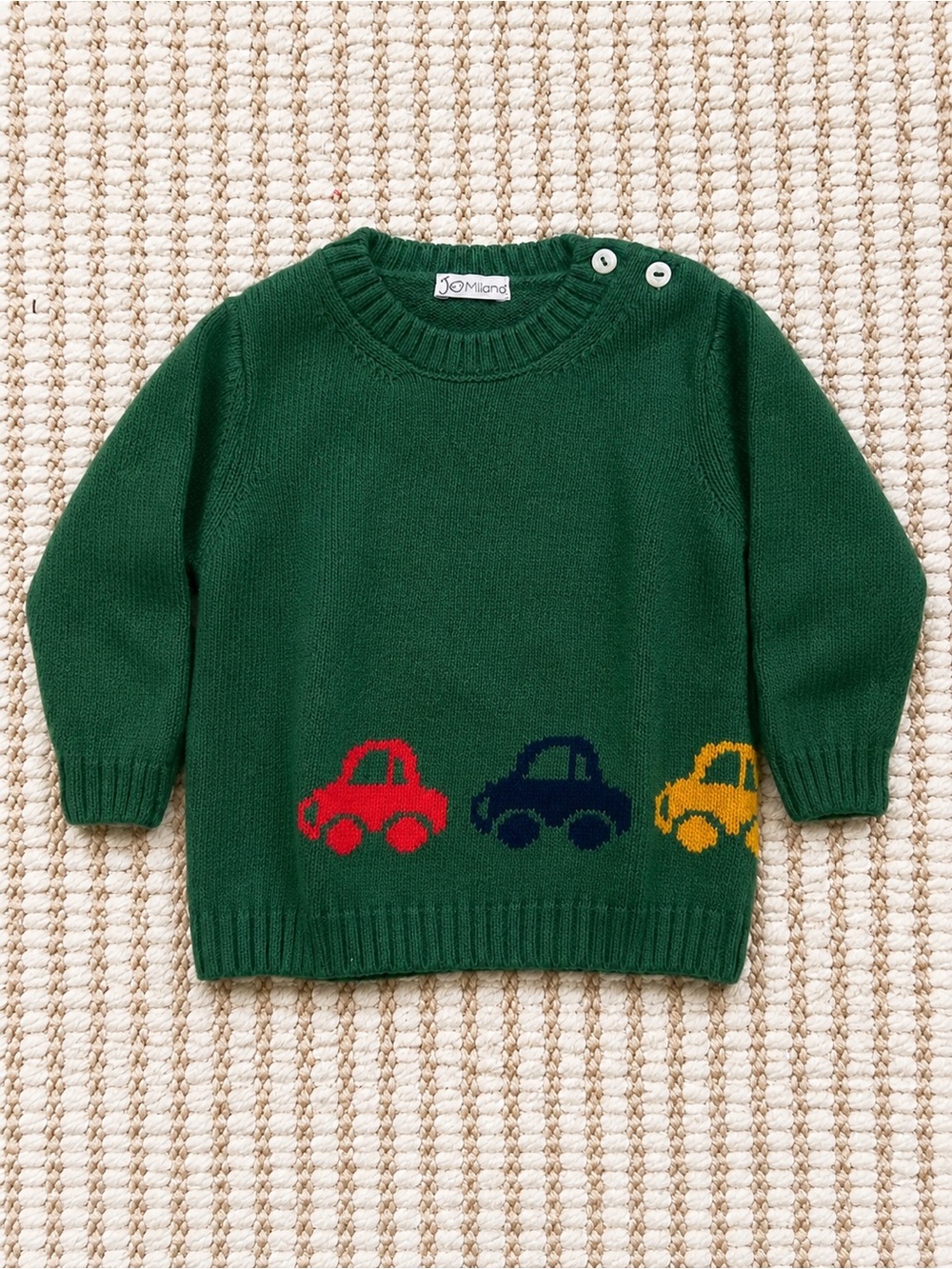 Jo Milano Italian Knit Sweater | 12 Mon | Green Cars Motif | Made in Italy NWT